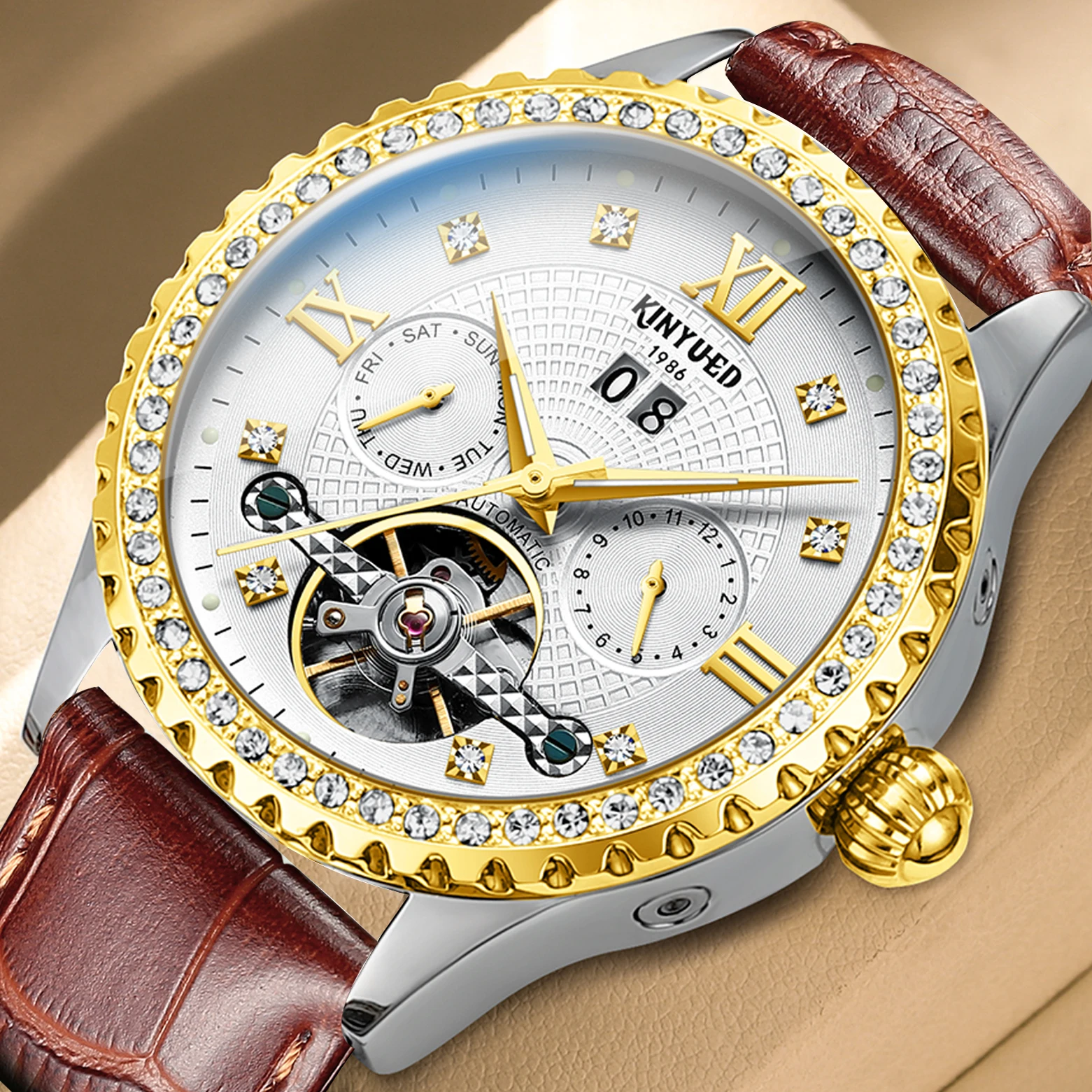 

KINYUED fully automatic mechanical watch, skeletonized men's mechanical watch, tourbillon men's watch