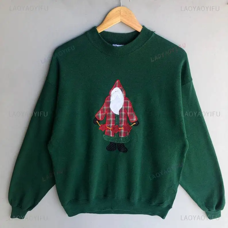 Sudadera con capucha con estampado de Papá Noel verde oscuro para mujer, sudadera de Feliz Navidad de otoño e invierno, cómoda sudadera cálida con hombros caídos