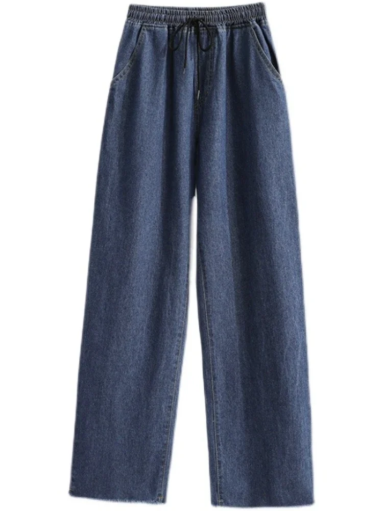 النساء واسعة الساق حجم كبير الدنيم السراويل الخريف مطاطا الرباط عالية الخصر الكاحل طول مستقيم الجينز السراويل الكورية غير رسمية