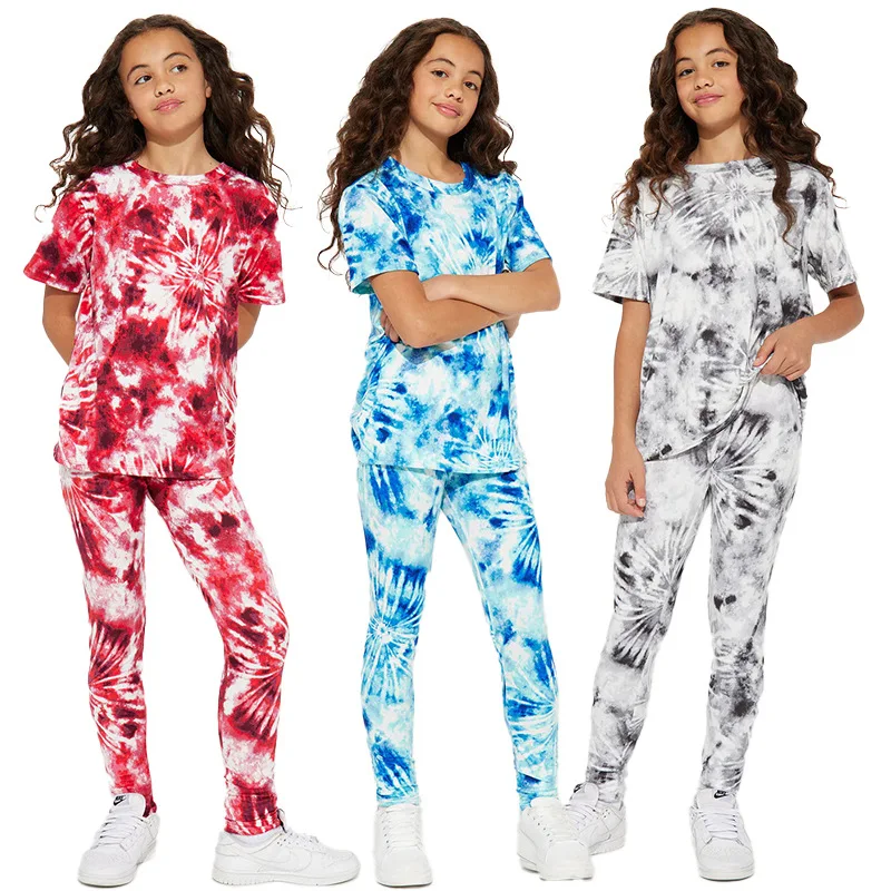 

Qunq 2024 Girls' Casual Sports Style Loose Halo Dyed Printed Short Sleeved Pants Two-piece Set 3T-8T