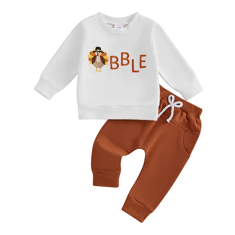 

Baby Boy Thanksgiving Outfits Long Sleeve Embroidery Sweatshirt Pants Set Toddler Clothes