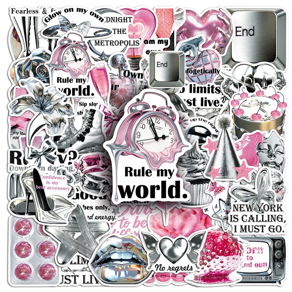 

10/30/50pcs Y2K Silver Pink Aesthetic Art Stickers Cute Cartoon INS Style Girls Decals Notebook Water Bottle Phone Case Sticker