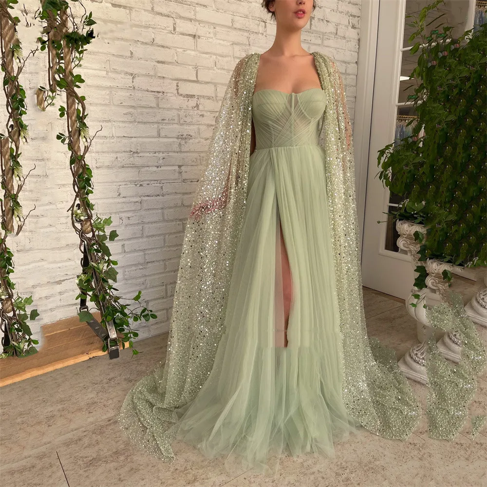 Green A-Line Prom Dress with Glitter Sequin Lace Cape Sweetheart High Slit Long Evening  Formal Party Dress Sexy Gorgeous