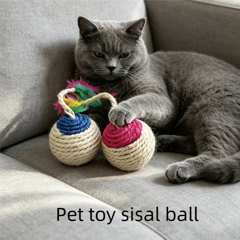 Cat Sisal Ball with Feather - Interactive Cat Toy for Grinding Claws, Teeth Cleaning, Indoor Self-Play, Kitten Chasing Toy
