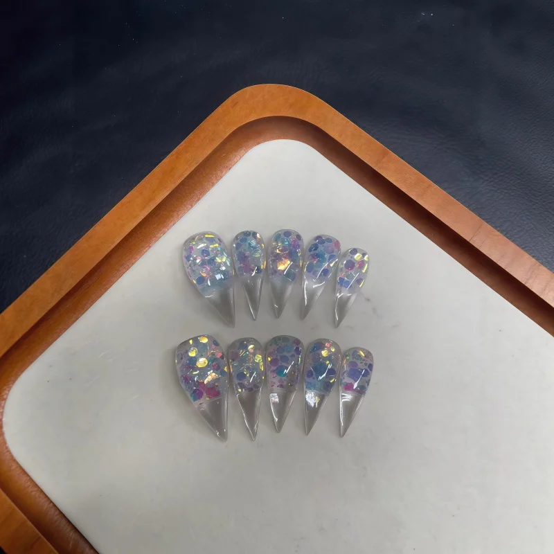 10PCS Full rainbow sequins ultra-long pointed drop shape fully-covered handmade fake nails, Y2K style shiny reusable fake nails