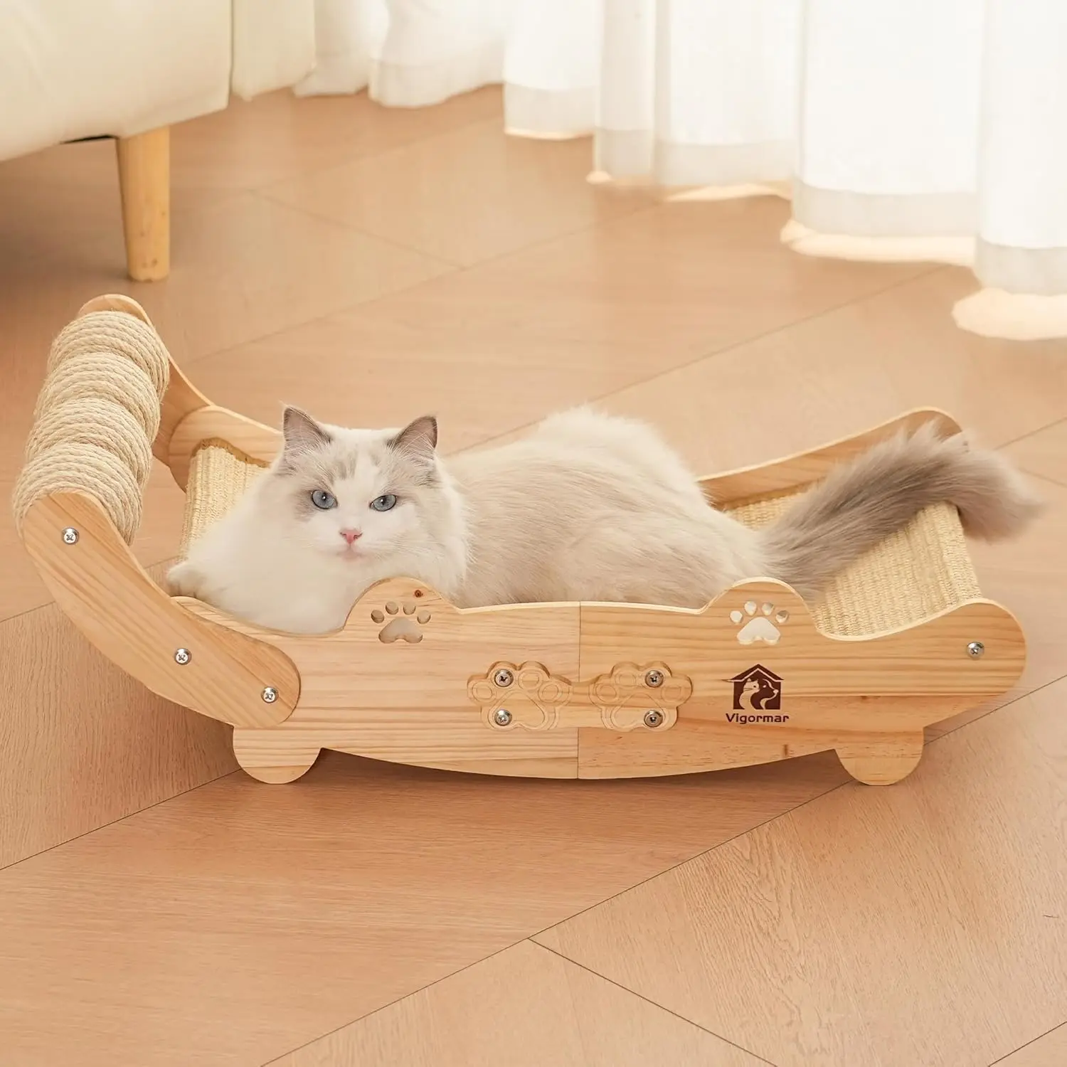 

Большая сизалевая когтеточка-лежанка для кошек, натуральная деревянная когтеточка-кровать с сизалевым войлоком и 4 шариками для домашних кошек