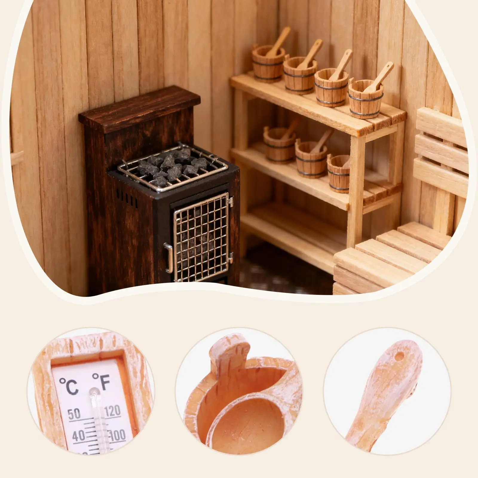 1:12 Accessori per bambole con canna da sauna per casa delle bambole, giocattoli in legno, mobili in miniatura, mini termometro di simulazione, per micro paesaggio