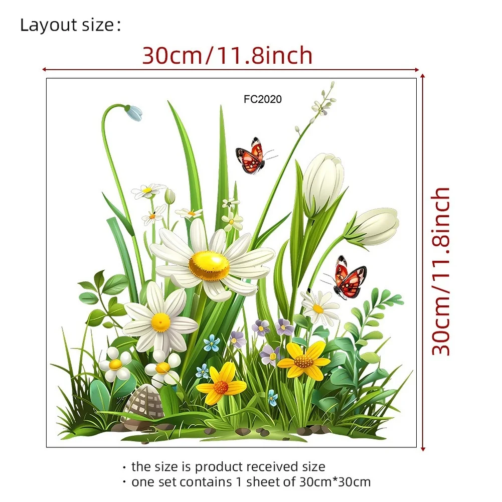 Spring Wildflower Meadow PVC Wall Sticker for Living Room Bedroom Decor 30x30cm White Self-Adhesive Removable Floral Decal