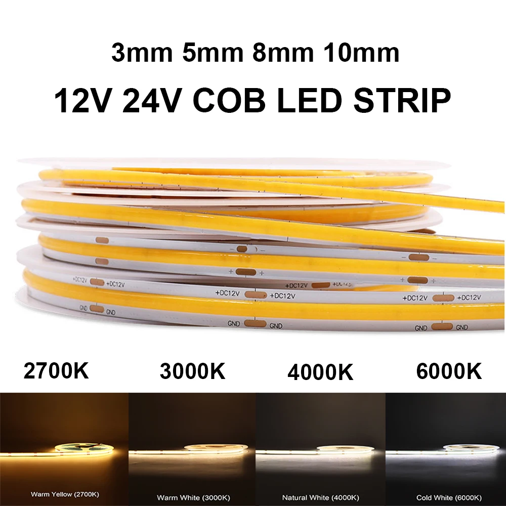 

Flexible COB LED Strip Light DC 12V 24V High Density Tape Ribbon Lamp RA90 2700K 3000K 4000K 6000K Linear Dimmable Lighting