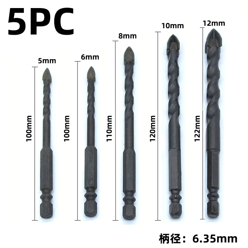 Black Drill Hex Shank Drill 5PC Set Ceramic Tile Glass Hole Opener four-edge Alloy Drill Bit