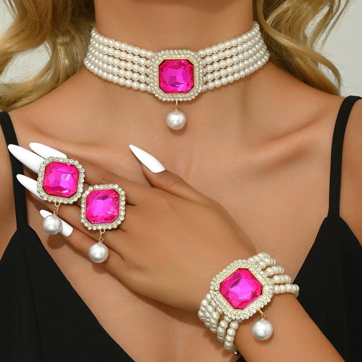 KMVEXO Elegant Crystal Square Imitation Pearl Necklace Bracelet Stud Earrings Set for Women Choker Jewelry Sets Lady Party Gift