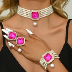 KMVEXO Elegant Crystal Square Imitation Pearl Necklace Bracelet Stud Earrings Set for Women Choker Jewelry Sets Lady Party Gift