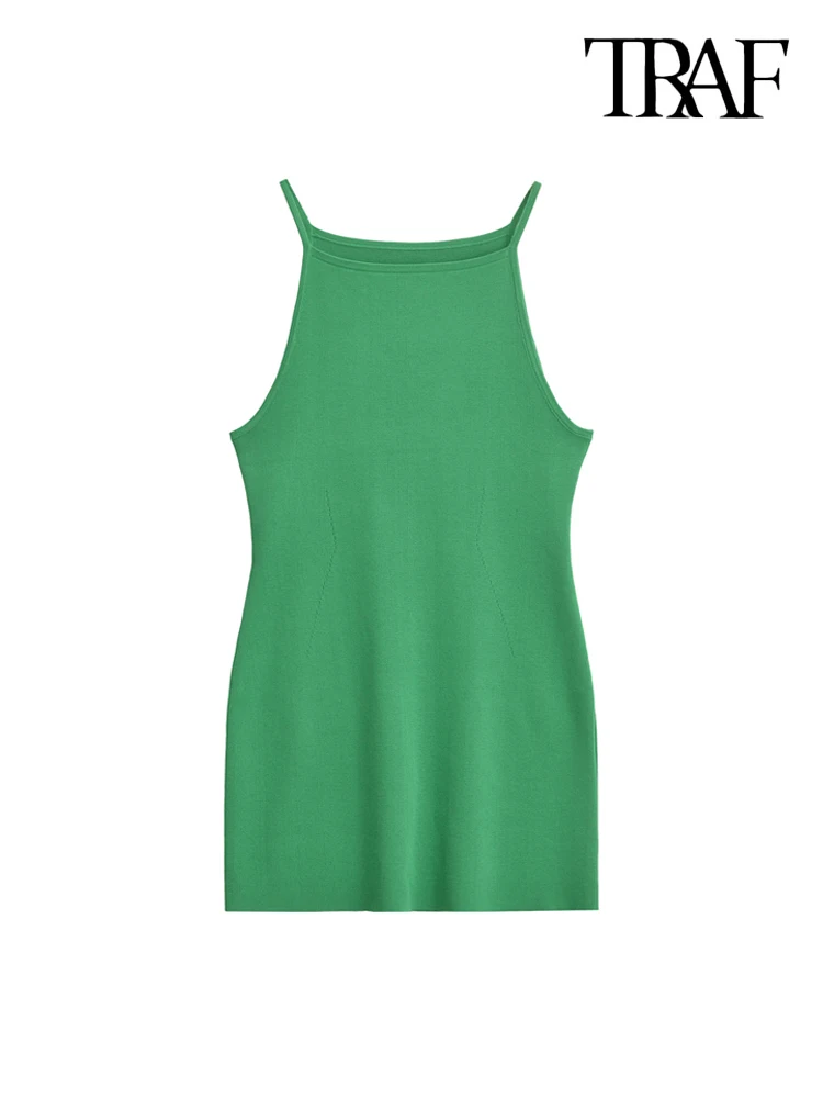 TRAF-Sleeveless Green Knit Mini Dress for Women, Thin Straps, Female Dresses, Chic Fashion