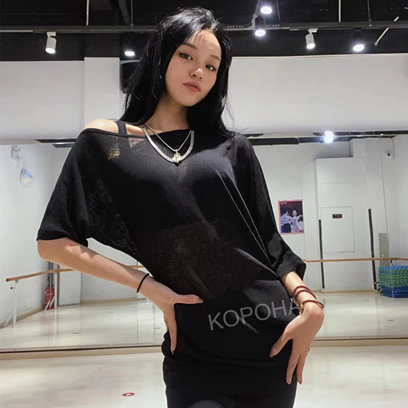 Loose Latin Dance Tops Women Irregular Black Shirt Adult Latin Practice Clothing Rumba Salsa Tops Ballroom Dance Wear DNV17936