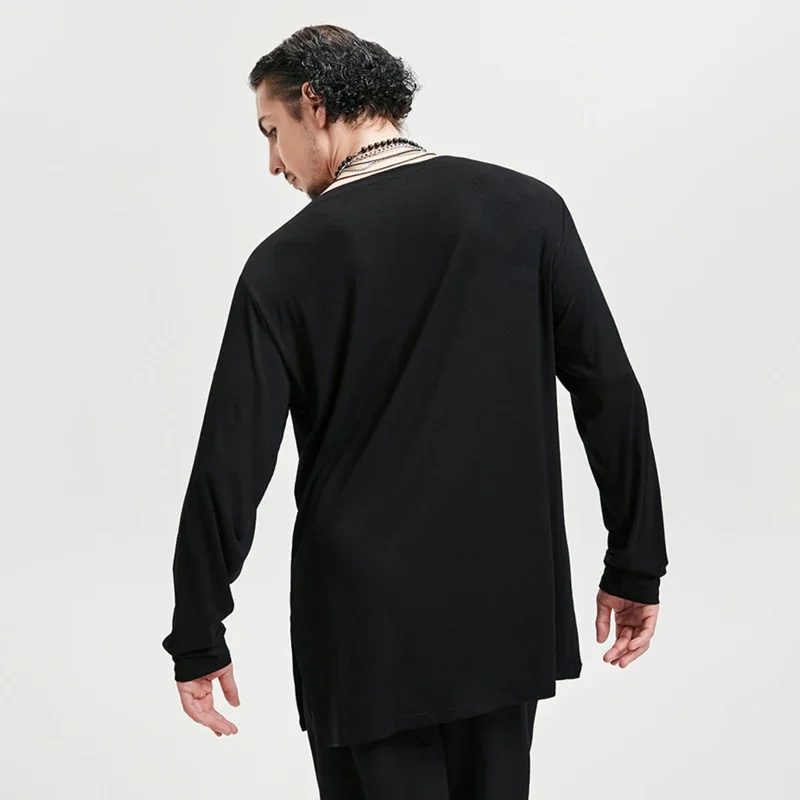 Long Sleeves White Black T Shirt Cha Cha Rumba Dance Training Practice Clothes Adult Male Salsa Top Men Latin Dance Tops