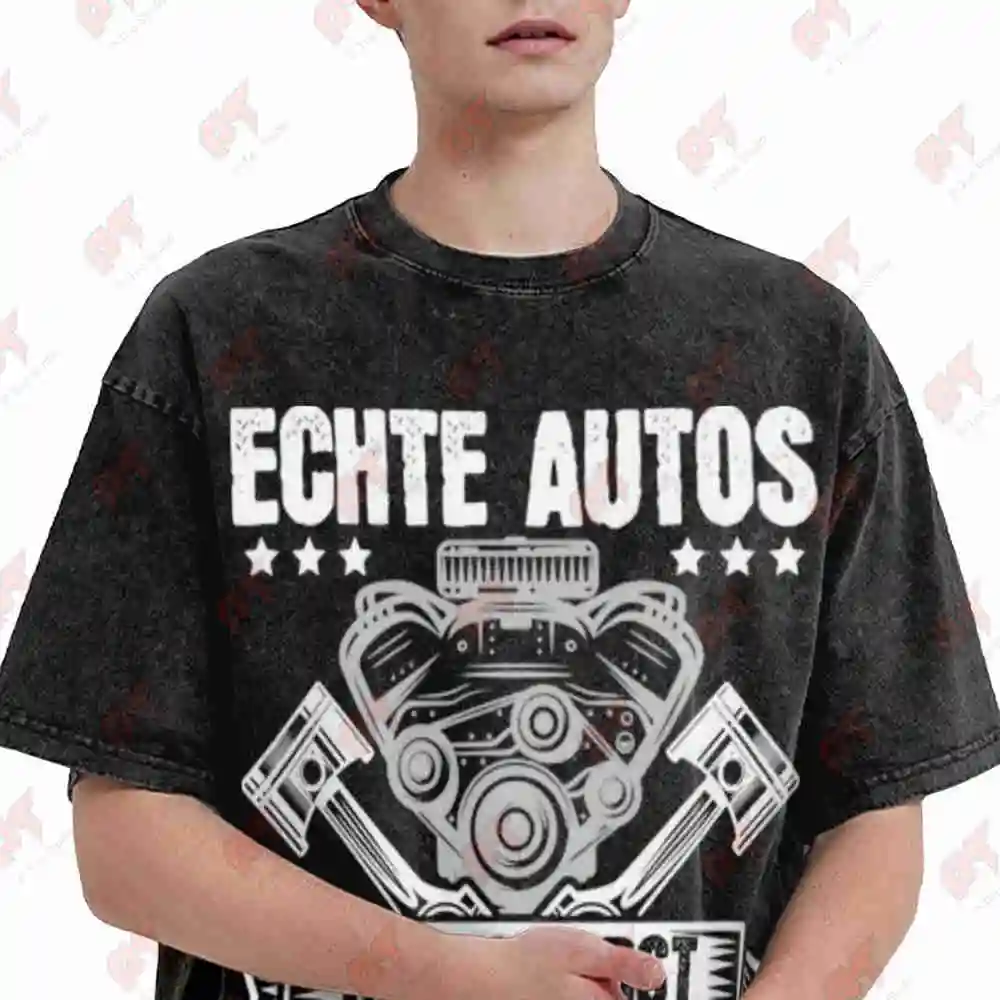 German Car Engine Real Cars Have Thirst No Charging Time Mechanic Motorsport Block Pistons Vintage Washed Tee Pure Cotton T-Shir