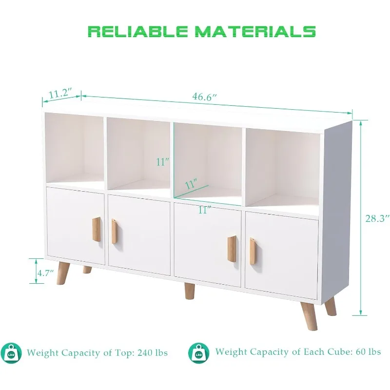 Cubby Shelf Bookcase with Doors - Wooden 8 Cube Floor Standing Open Bookshelf with Solid Wood Legs, 2-Tier Low Storage Cabinet