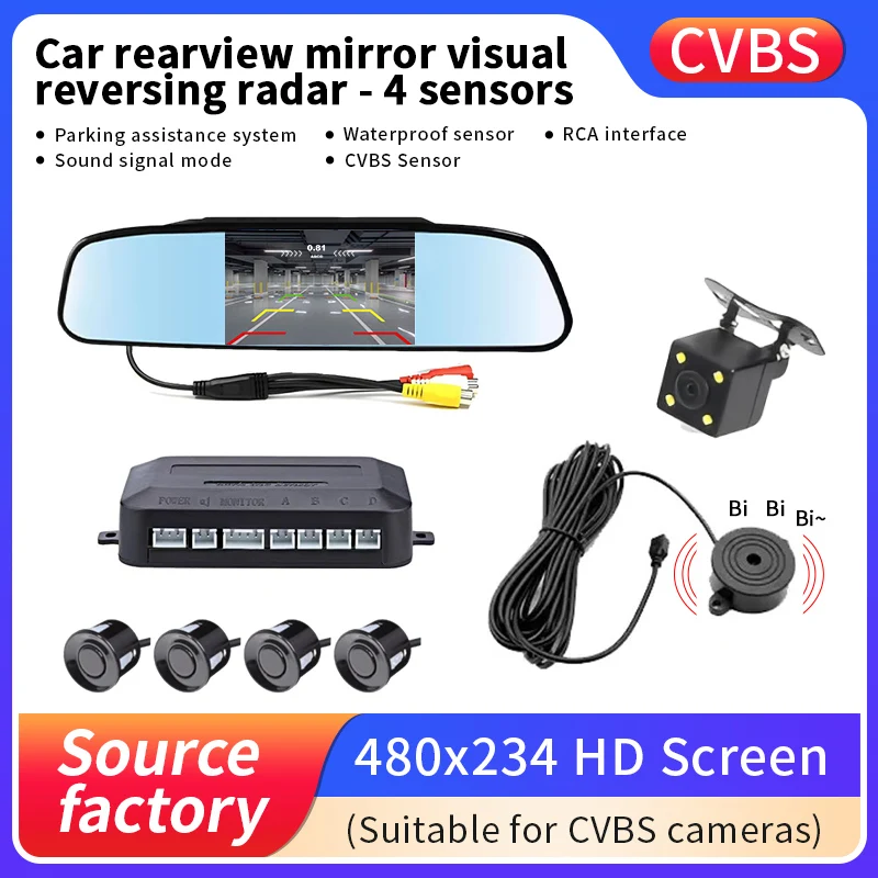 

4.3 inch Car Rearview Mirror Visual Reversing Radar, 4 Sensors Parking Assistance System, HD Screen for CVBS Cameras, Waterproof