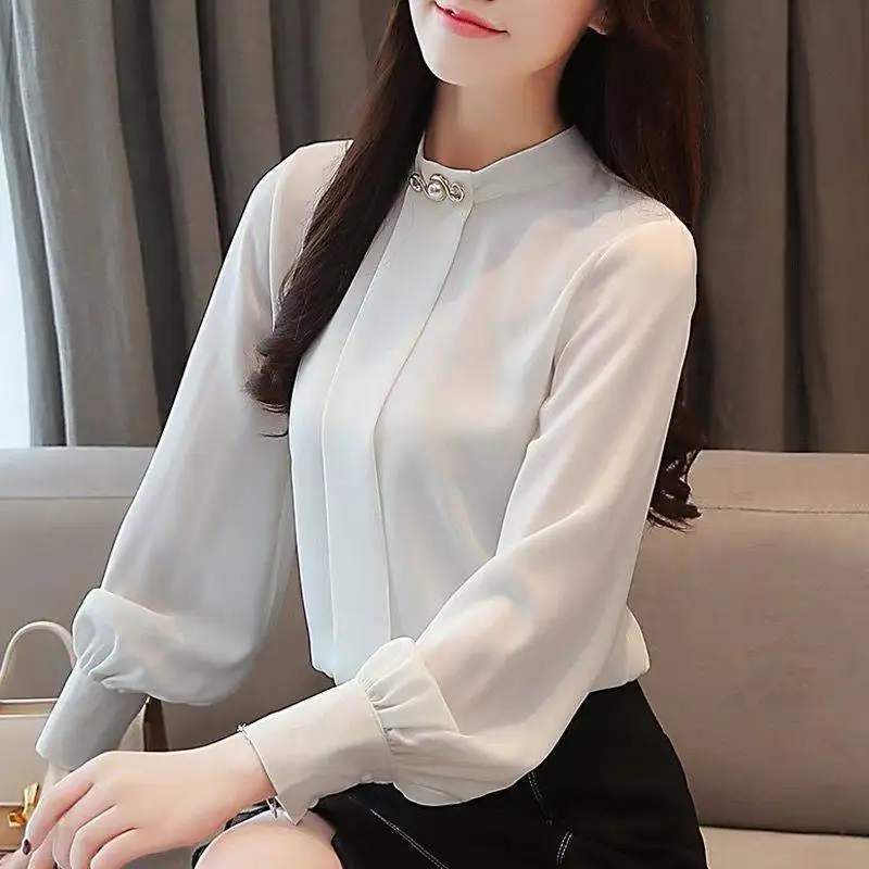 Elegant Chiffon Beading Lantern Sleeve Shirt Women\'s Clothing Autumn New Korean Tops Oversized Loose Office Lady Blouse