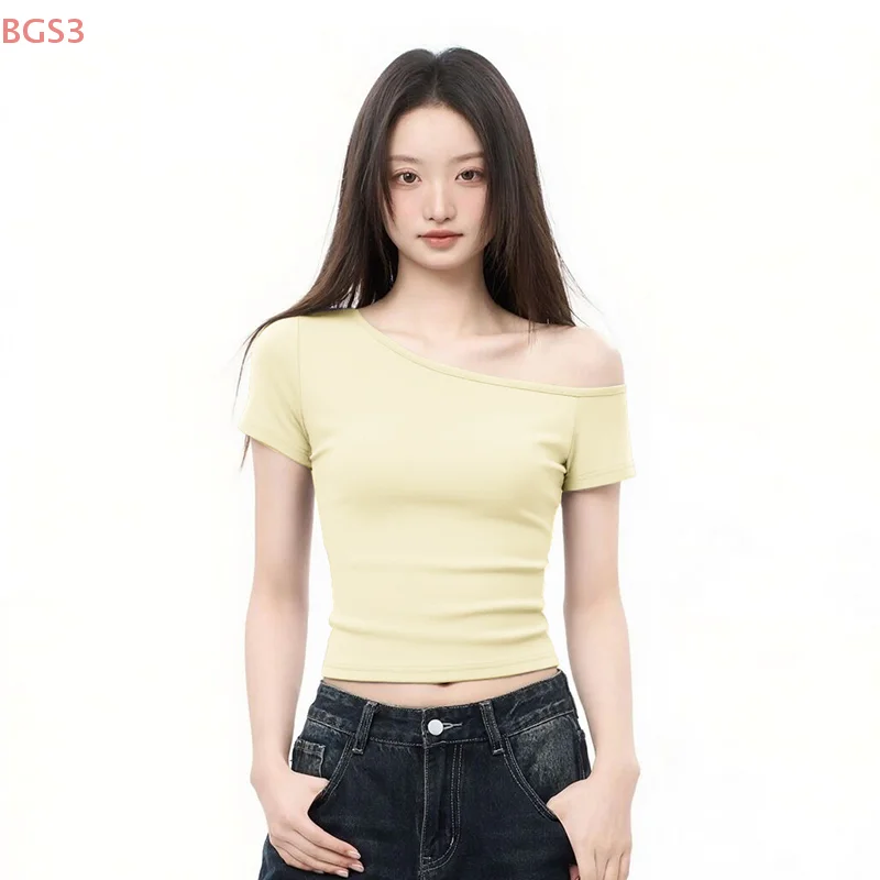 Slant Shoulder Short Sleeve Tops Women Design Summer Solid Color Strapless T-Shirt