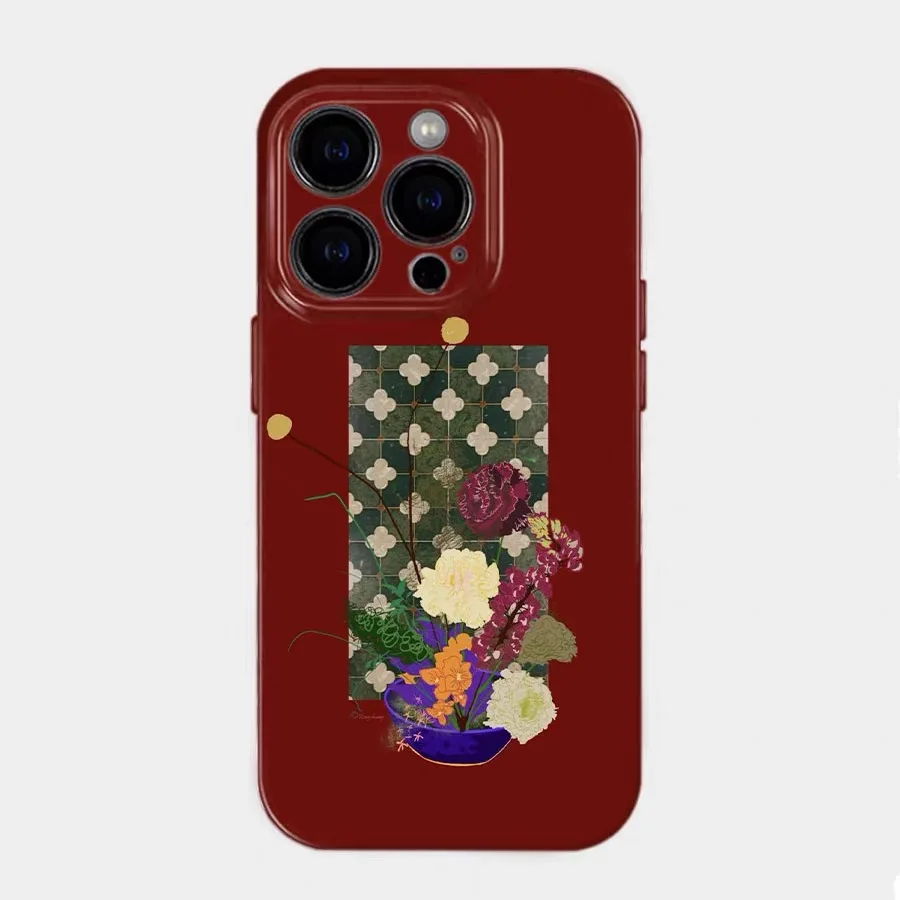 Vintage Red Blooming Flowers Phone Case for IPhone 18 PRO 17Air 16E 15 14PLUS 13 12Mini 11 Pro Max XR XS MAX Glossy Film Hard PC