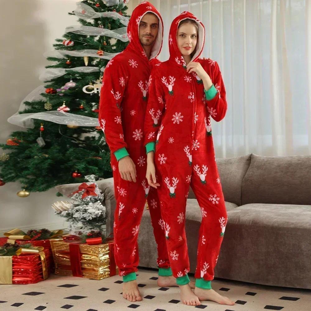 New Family Christmas Clothes Red Flannel Pajamas Warm Soft Jumpsuit Print Parent-child Matching Outfits Hooded Romper Xmas Look image 5