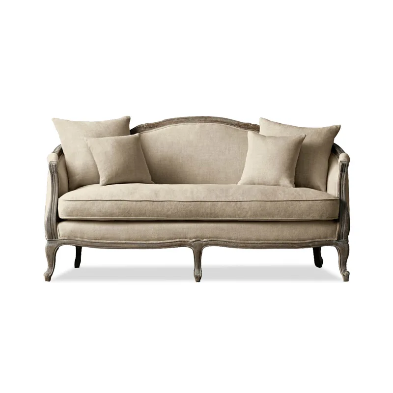 

American light luxury living room solid wood fabric three-person sofa retro carved French studio model room home furniture