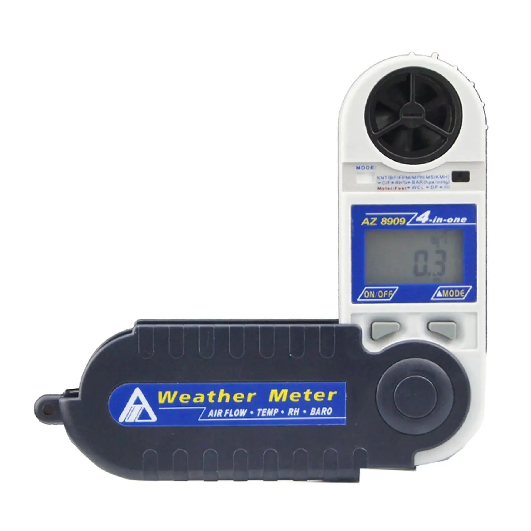 AZ8909 4 in 1 air flow meter to measure wind speed, Windchill temperature, humidity, dew point, temperature, air pressure