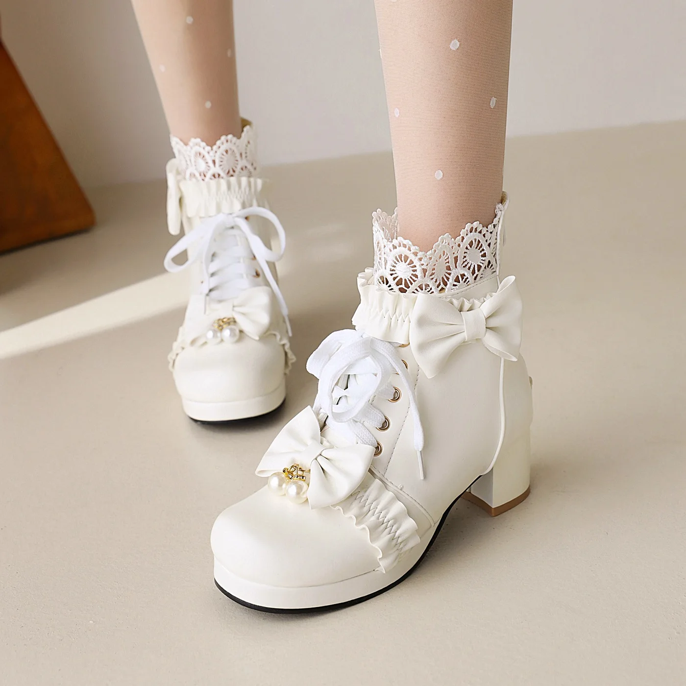 

Cute Student Lo Booties Women Sweet Lolita Shoes Girls Small Size and plus Winter High Heels