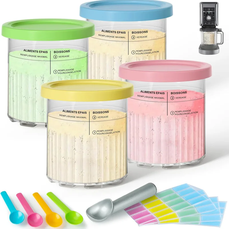 

4 упаковки пинтов и крышек Creami Deluxe для ниндзя на 24 унции, совместимых с мороженицей серии NC500 NC501 с набором ложек и этикеток