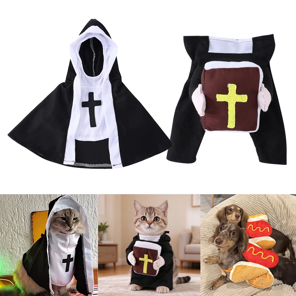 Halloween-Katzenkleidung im Nonnenkostüm mit Jesus-Kreuz-Motiv, lustiges Priesterkostüm für kleine Hunde, Party-Outfit, Overall für Haustiere, Katzenaccessoire.