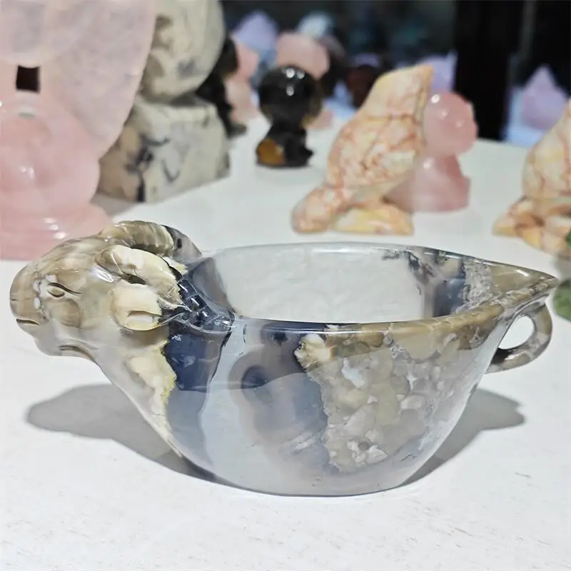 Natural Volcanic Agate Bowl Carving Reiki Healing Fengshui Stone Home Office Decoration Holiday Gift 1PCS