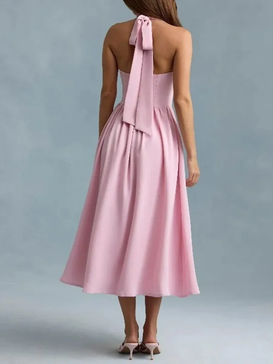 فستان TWOTWINSTYLE أبيض فرنسي أنيق هالتر للنساء برقبة على شكل قلب بدون أكمام وخصر عالٍ فساتين صيفية متوسطة الطول للسيدات #3