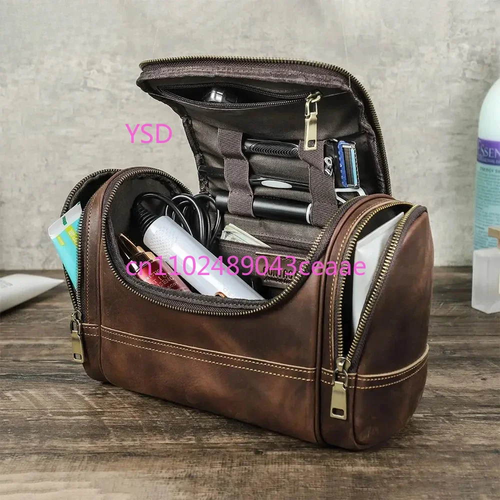 Genuine Leather Travel Business Toiletry Bag Men Women Retro Cosmetic Organizer Large Capacity Handbag