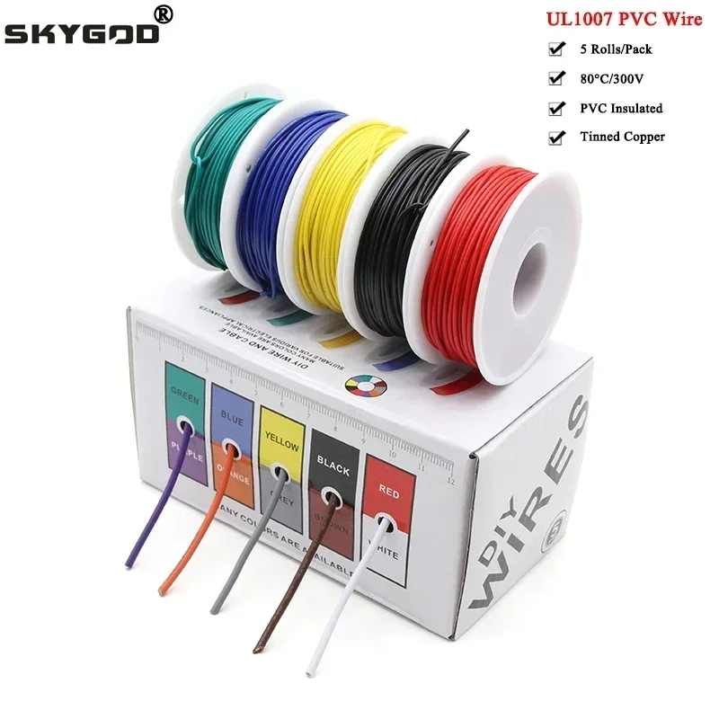 

（5 Colors Mix Kit）UL1007 Wire PVC Insulation Tinned Copper Cable Stranded Electrical Line 30/28/26/24/22/20/18/16 AWG PCB Wire