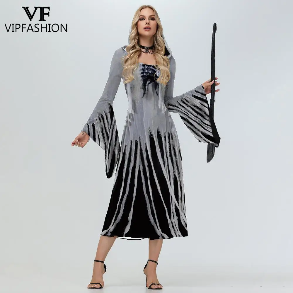 VIP FASHION-vestido con capucha para mujer, traje gótico Mediaval, manga acampanada, vampiro, diablo, gris y negro