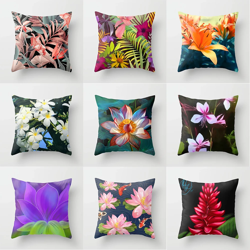 

Colorful flower plant print pattern polyester cushion cover for home bedroom living room sofa decoration pillowcase 45x45cm