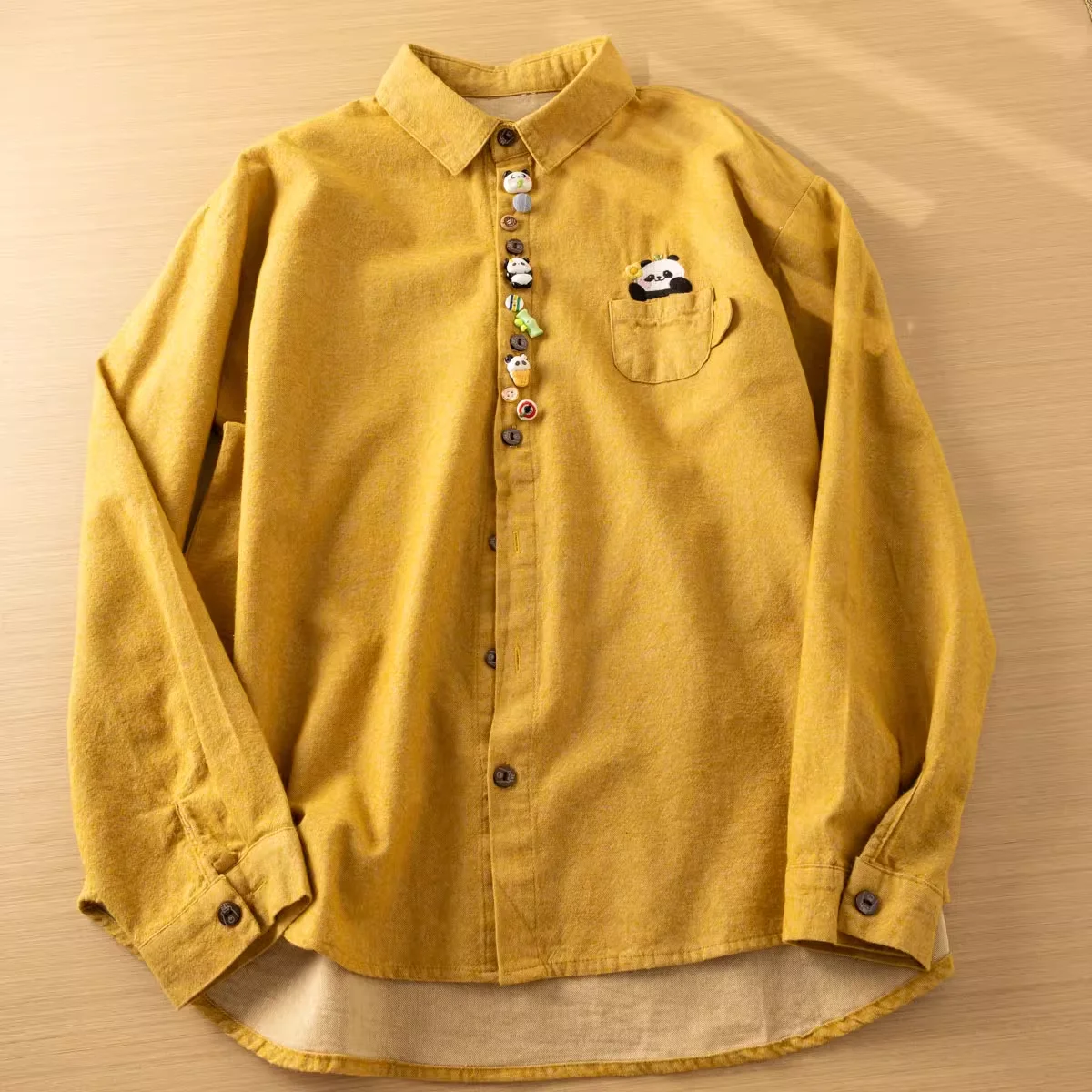 

Japanese Sweet Mori Girl Cartoon Panda Embroidery Brushed Cotton Shirts Women Spring Autumn Long Sleeve Casual Blouse Tops