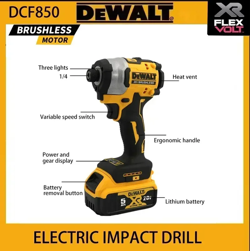 Dewalt DCF850 Driver de impacto sem escova 3250RPM Chave de fenda elétrica Broca de impacto compatível com bateria Dewalt 20V