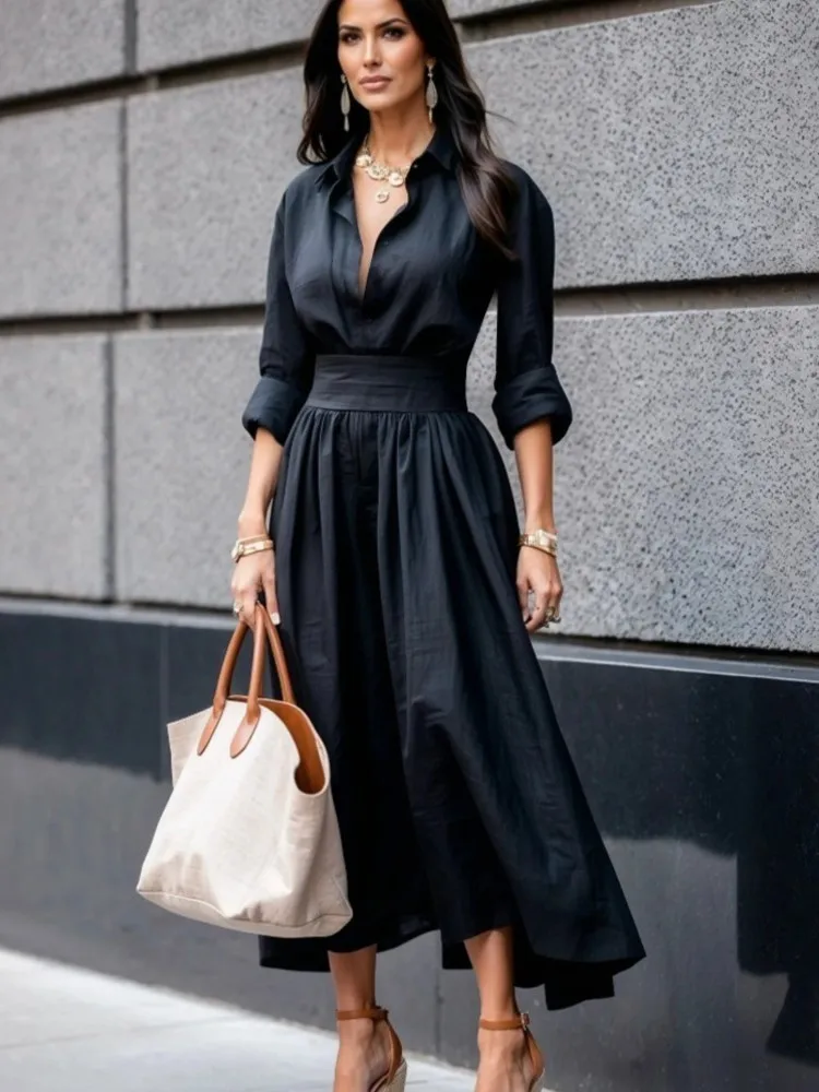 Vestido camisero de Color liso ajustado a la moda con solapa de verano, vestido largo elegante de manga larga con cuello en V atado en la cintura, ropa de oficina para mujer