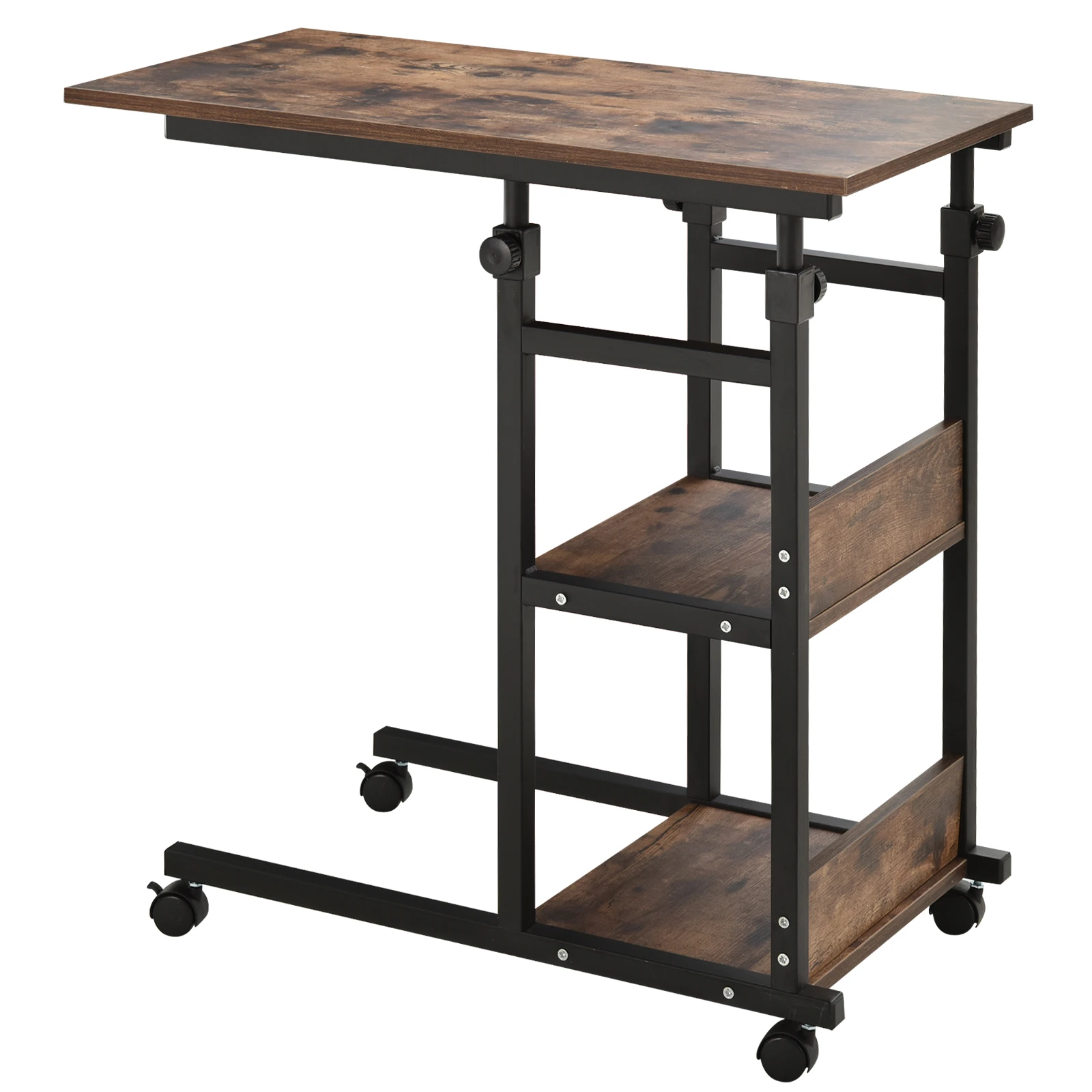 Industrial C-Shaped Mobile Rolling Sofa Side Table with 3-Tier Storage Shelving, Adjustable Height, & Wheels