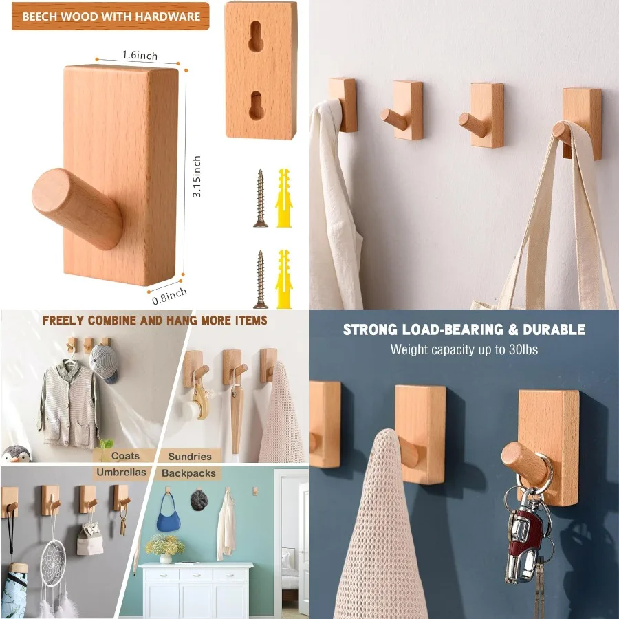 

Деревянные крючки для одежды Настенные 4-pak сверхмощных настенных крючков из натурального бука для подвешивания полотенец и шляпы в ванной комнате, спальне