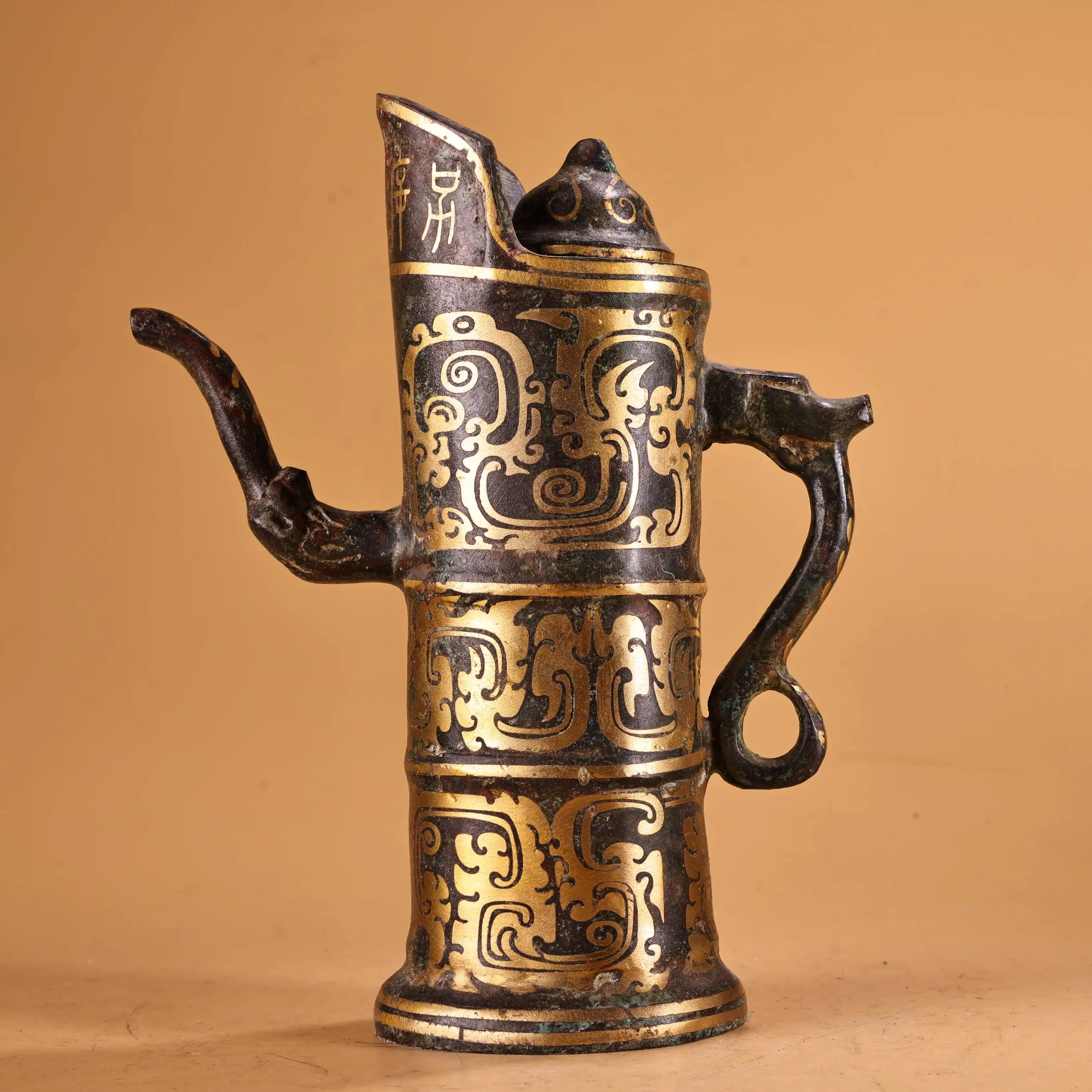 

8"Tibetan Temple Collection Old Bronze Cinnabar Gilded flower pattern Bamboo kettle Dragon handle wine pot Town house Exorcism