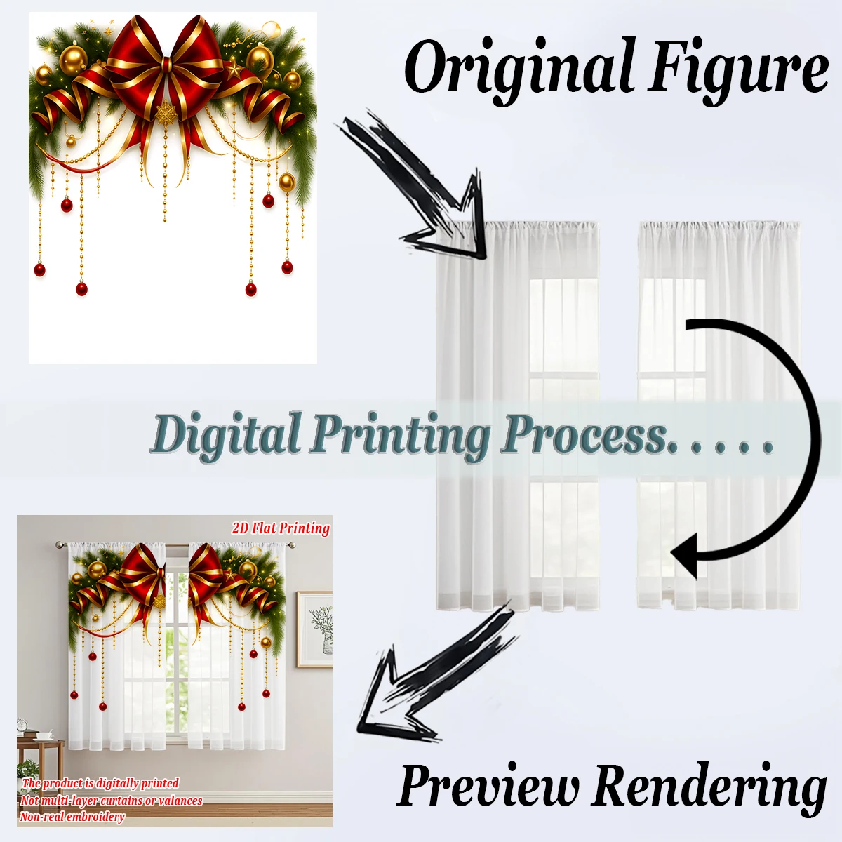 Christmas Flat Printing Kitchen Sheer Curtain with Merry Christmas Bow Ball Pine Branch For Christmas Home Decor  Party