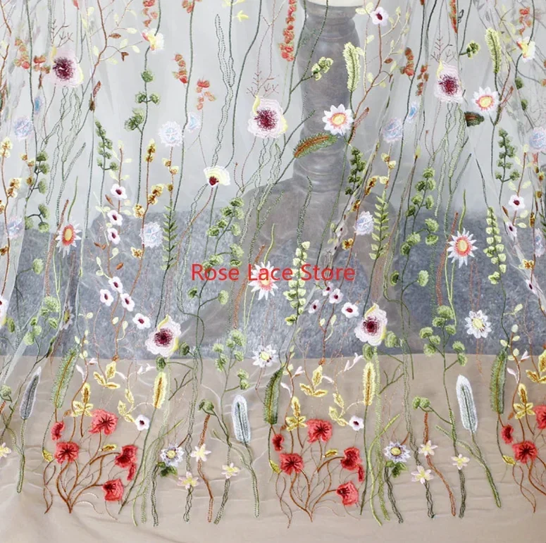 Красочная кружевная ткань с цветочной вышивкой, винтажная сетчатая тюлевая ткань с цветочным принтом для платья подружки невесты, халата для выпускного вечера, вечернего платья