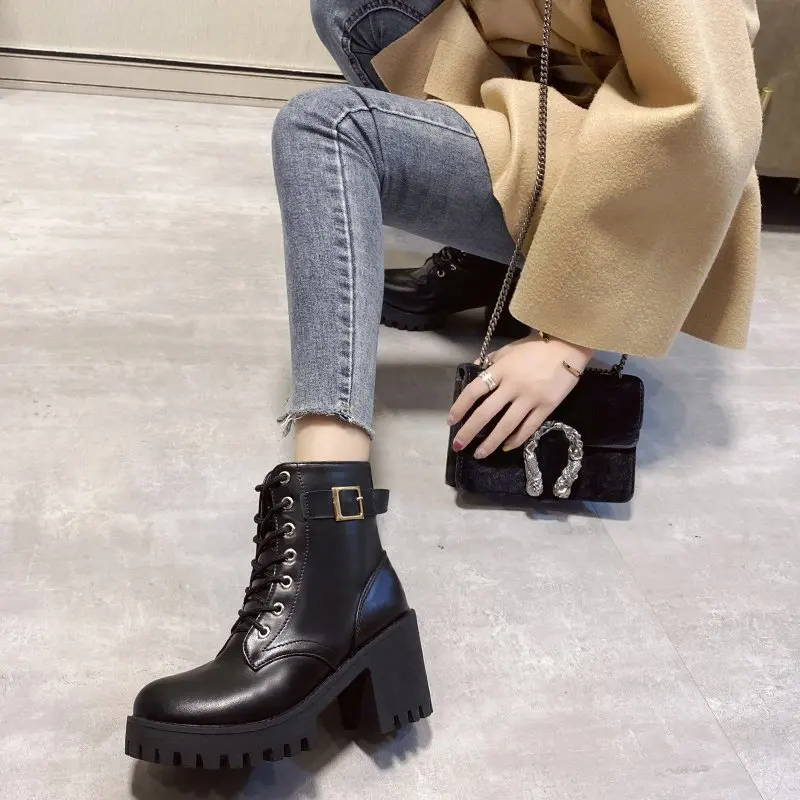 

Women Ankle Boots 2025 Autumn Winter Plush Warm Shoes Lady Fashion Motorcycle Boot Female Leather Lace-up Thick Heel Pumps 40