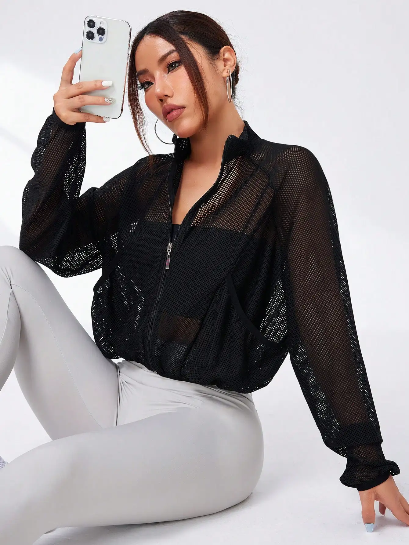 

Women's Mesh Zip-Up Athletic Jacket with Pockets, Long Sleeve See-Through Top for Fitness & Outdoor