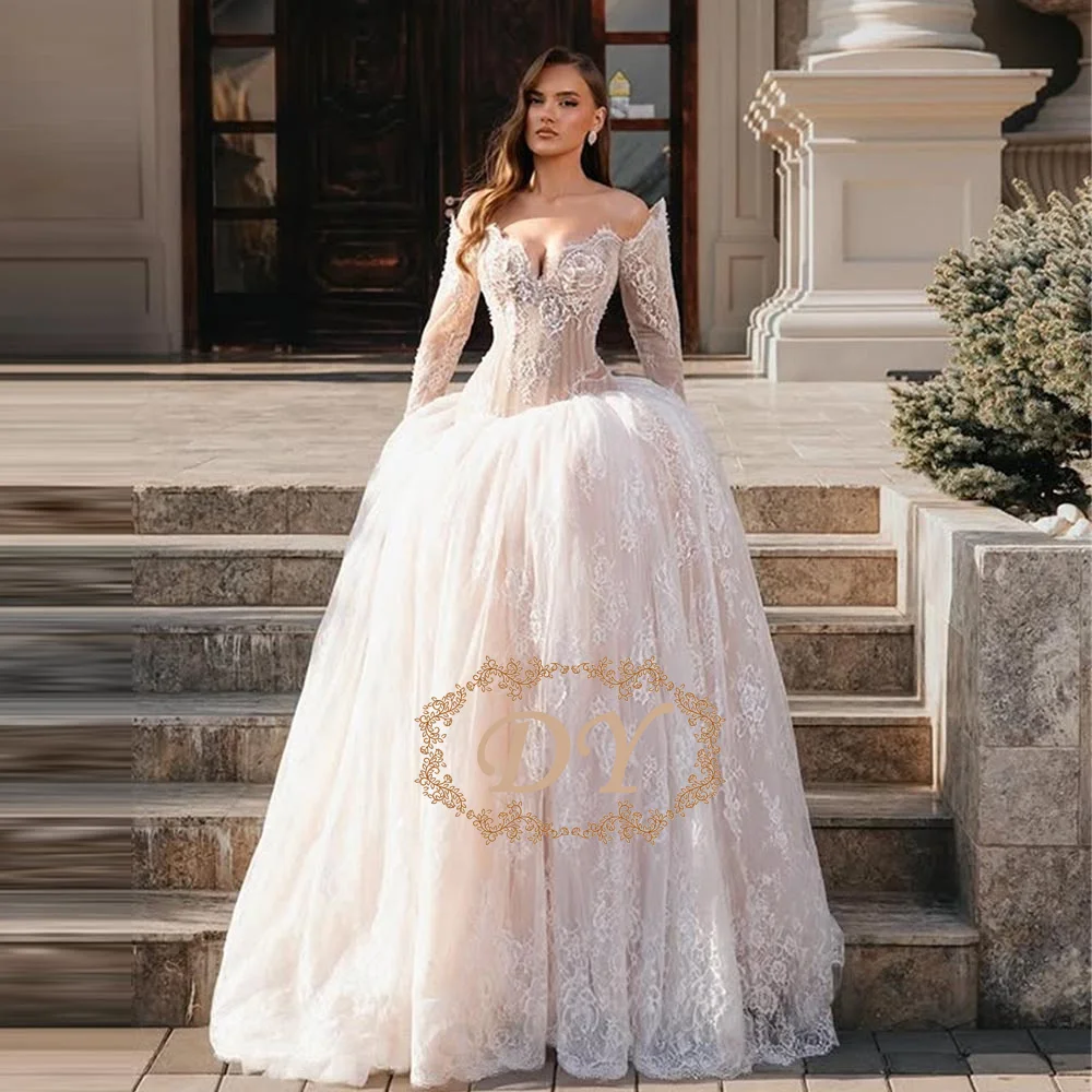 DY Luxury Lace Pleated Wedding Dresses Exquisite Long Sleeve Vestido de Novia Bustier Corset Eveing Dress Vestidos Customized