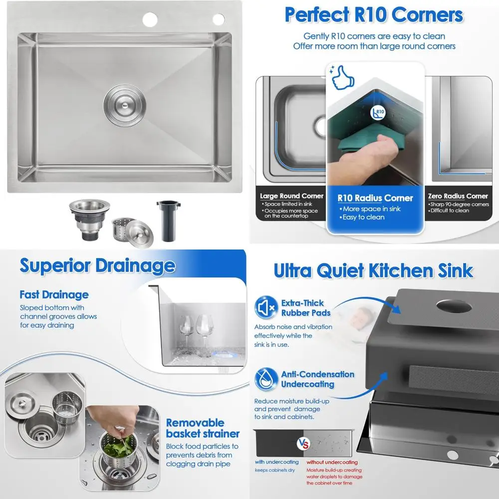 

Современная кухонная мойка из нержавеющей стали — верхнее крепление с одной чашей 22x18x9, класс 304, ручная работа, 2 отверстия со сливной сборкой в комплекте