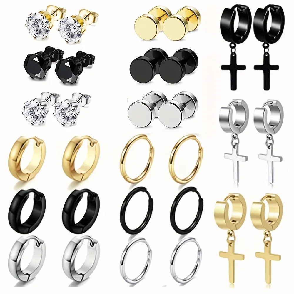 

1-15pairs Earrings Set For Men Stainless Steel Stud Earrings Cross Dangle Hoop Earrings Set Fashion Ear Piercing Jewelry